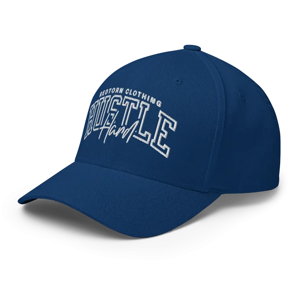 Royal blue Hustle Hard flexi fit baseball cap with white design and western logo