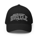 Hustle Hard flexi fit baseball cap in black with white text and Redtorn logo