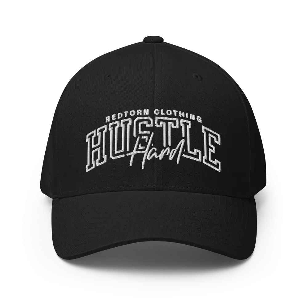 Hustle Hard flexi fit baseball cap in black with white text and Redtorn logo