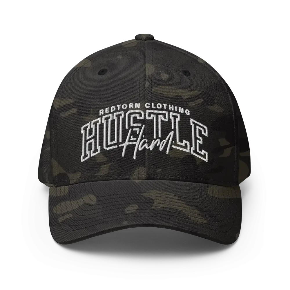 Hustle Hard flexi fit baseball cap with camouflage design and adjustable strap