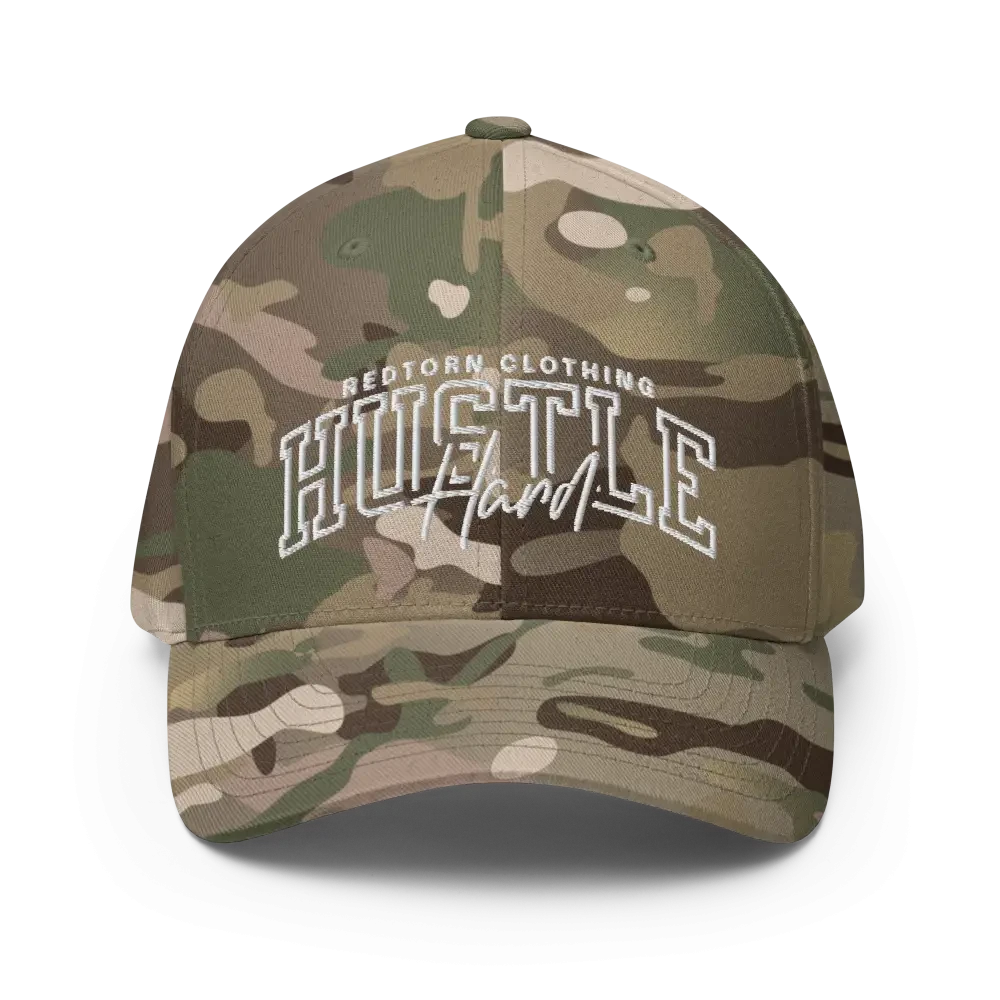 Hustle Hard flexi fit baseball cap with camo design and adjustable strap
