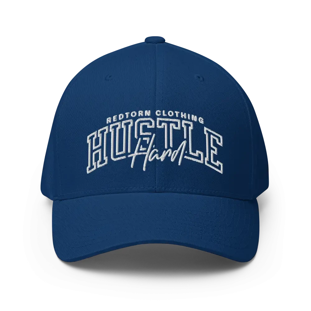 Royal blue Hustle Hard flexi fit baseball cap with adjustable strap