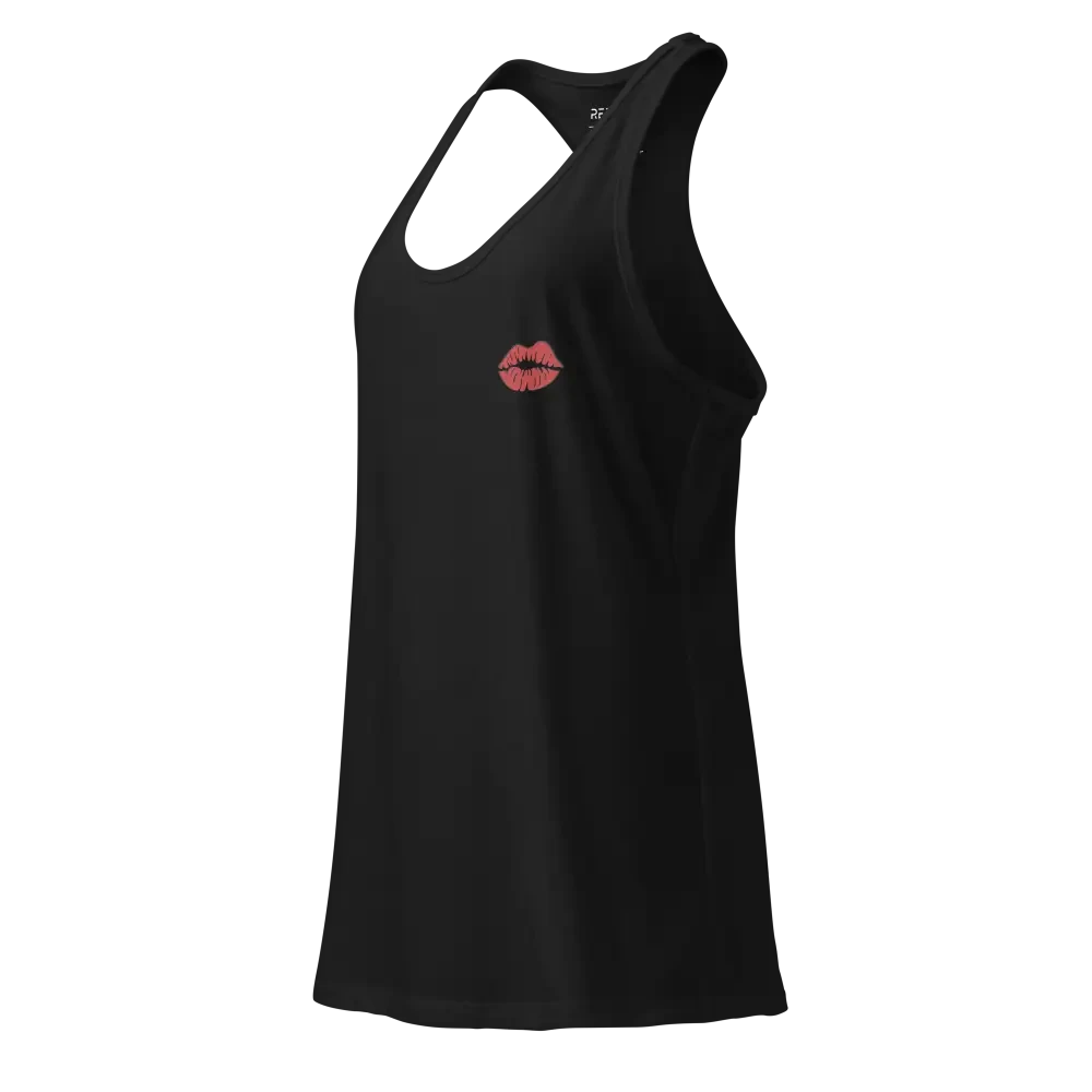 Sleek racerback tank in black cotton with red lips design, women’s apparel