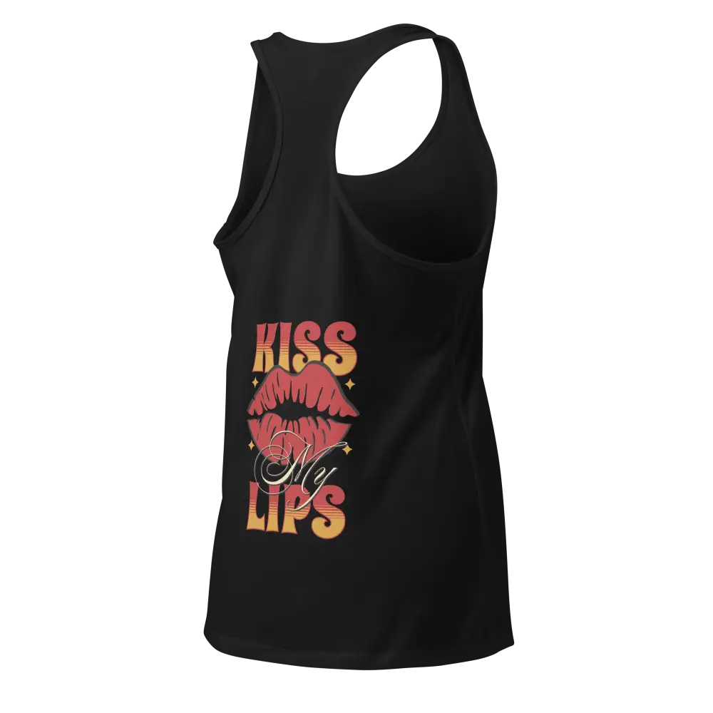 Sleek racerback tank in black with colorful kiss my lips graphic, womens apparel