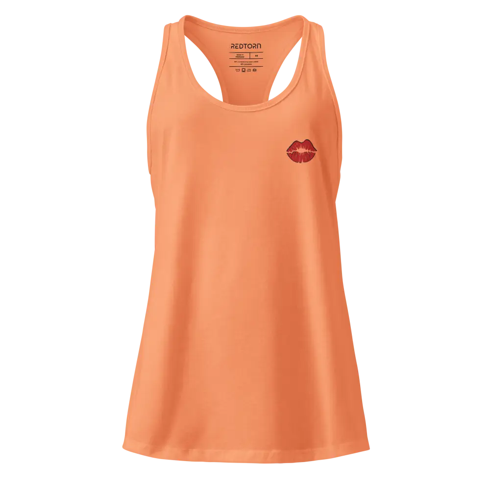 Sleek racerback tank in orange with red lips design, polyester spandex womens apparel
