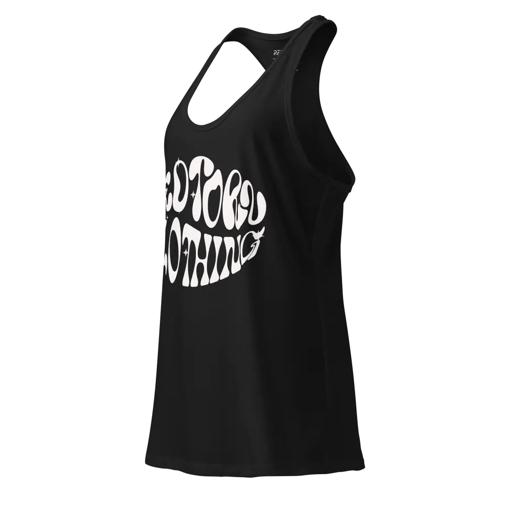 Black Redtorn retro swirl graphic on womens racerback tank