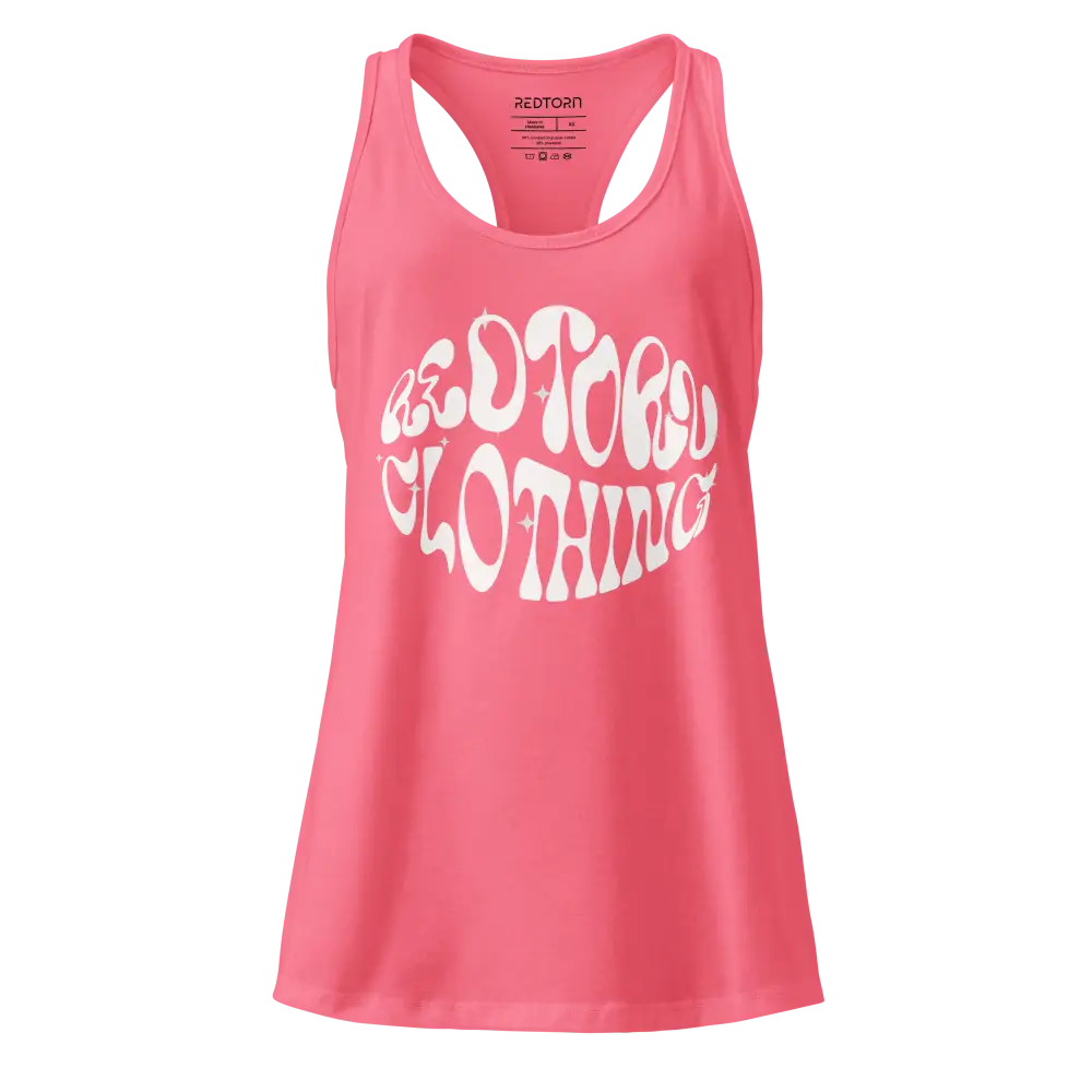 Redtorn retro swirl graphic womens racerback tank in coral with Ed Toby print
