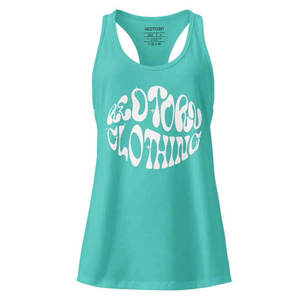 Mint green womens racerback tank with retro swirl graphic and Edtopo logo