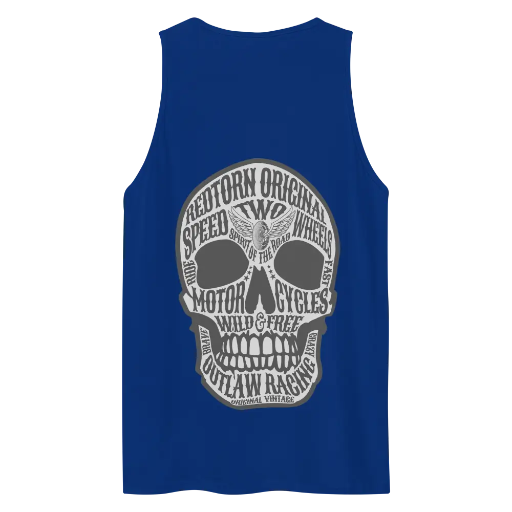 Royal blue unisex cotton tank top with text skull graphic