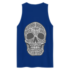 Royal blue unisex cotton tank top with text skull graphic