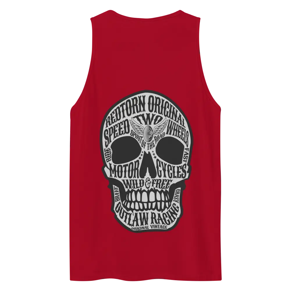 Red unisex cotton tank top with outlaw text skull graphic