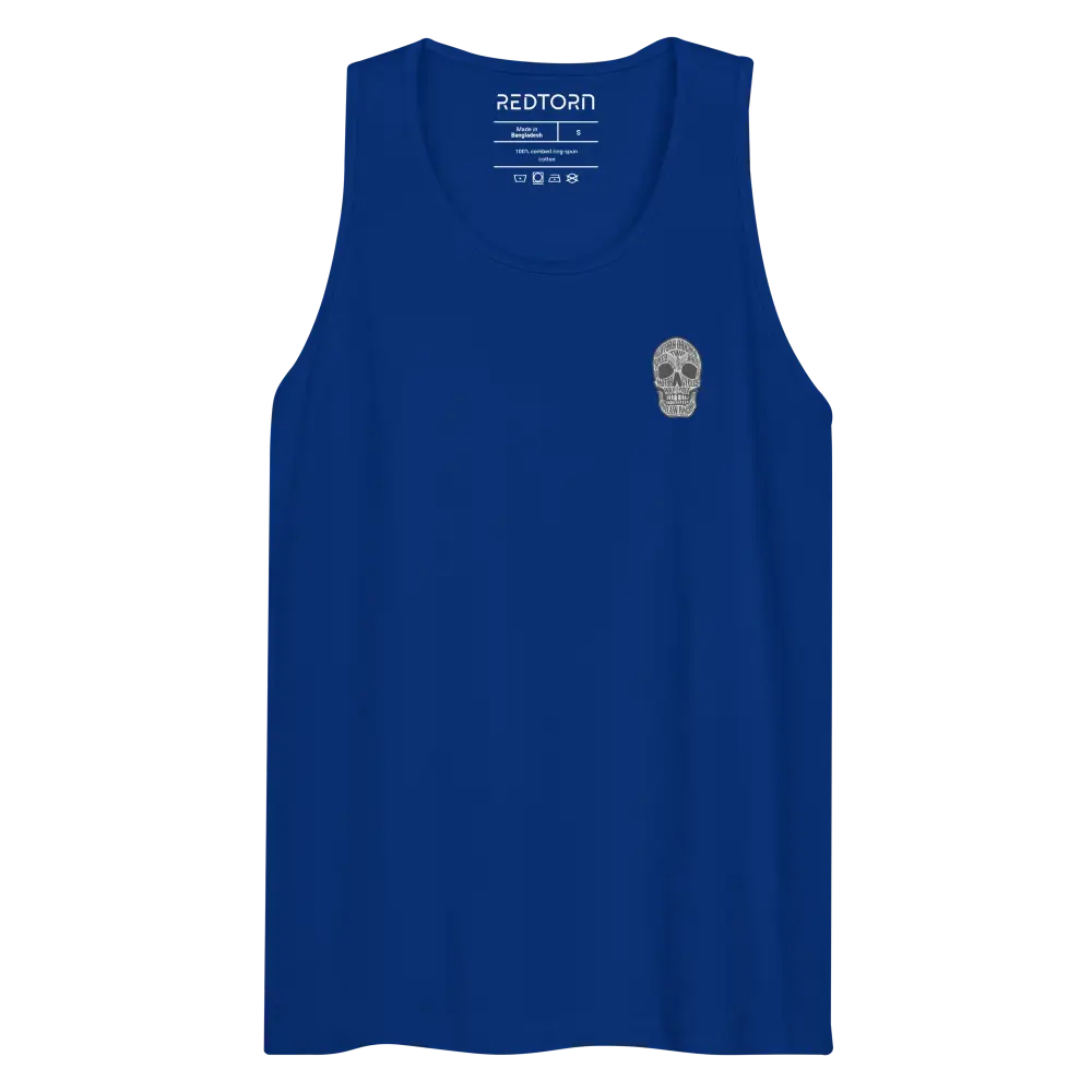 Royal blue Redtooth unisex cotton tank top with text skull graphic