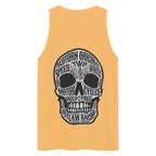 Yellow unisex cotton tank top with outlaw text skull graphic