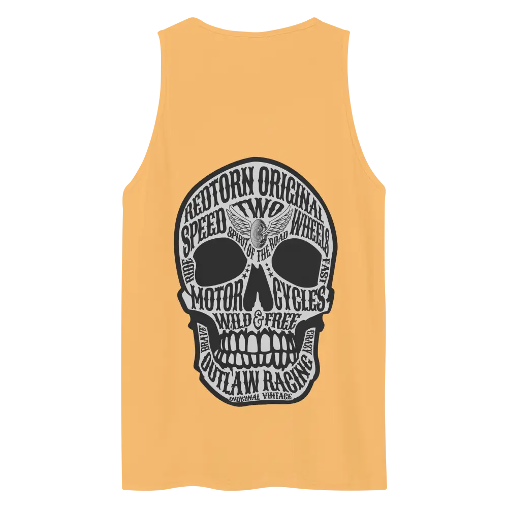 Yellow unisex cotton tank top with outlaw text skull graphic