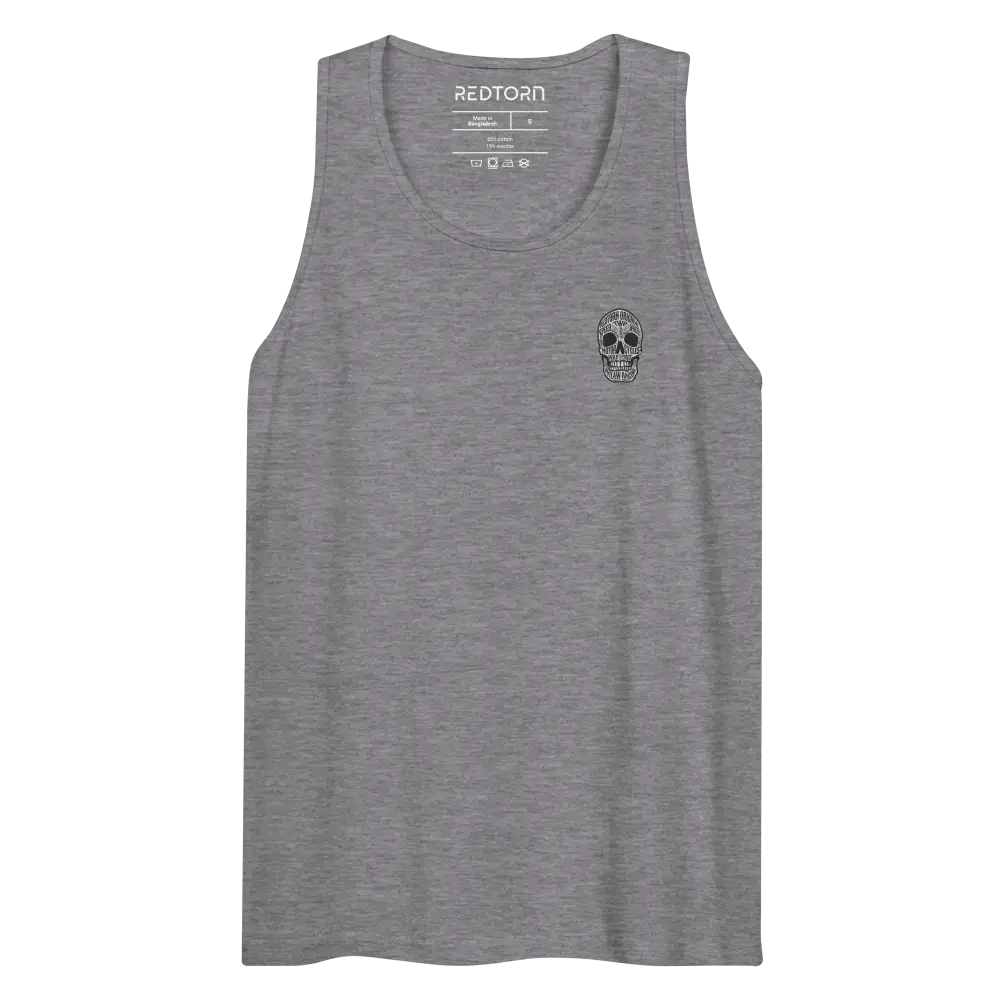 Heather gray unisex cotton tank top with text skull graphic and Redtopia branding