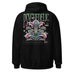 Psychedelic floral women’s hoodie in black with pink text