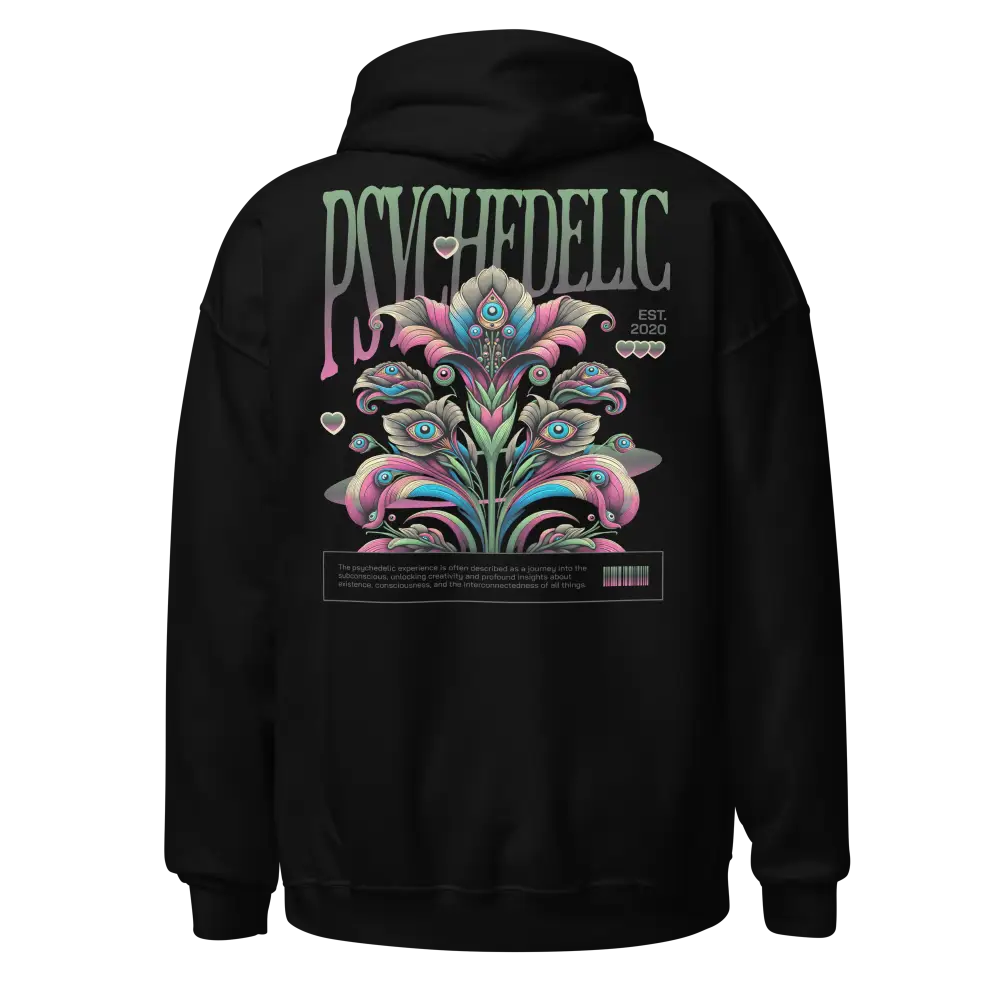 Psychedelic floral women’s hoodie in black with pink text