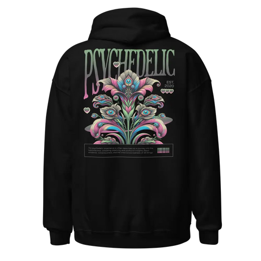 Redtorn Psychedelic Swirl crop top hoodie with black fabric, vibrant psychedelic floral design and pink Psychedelic text