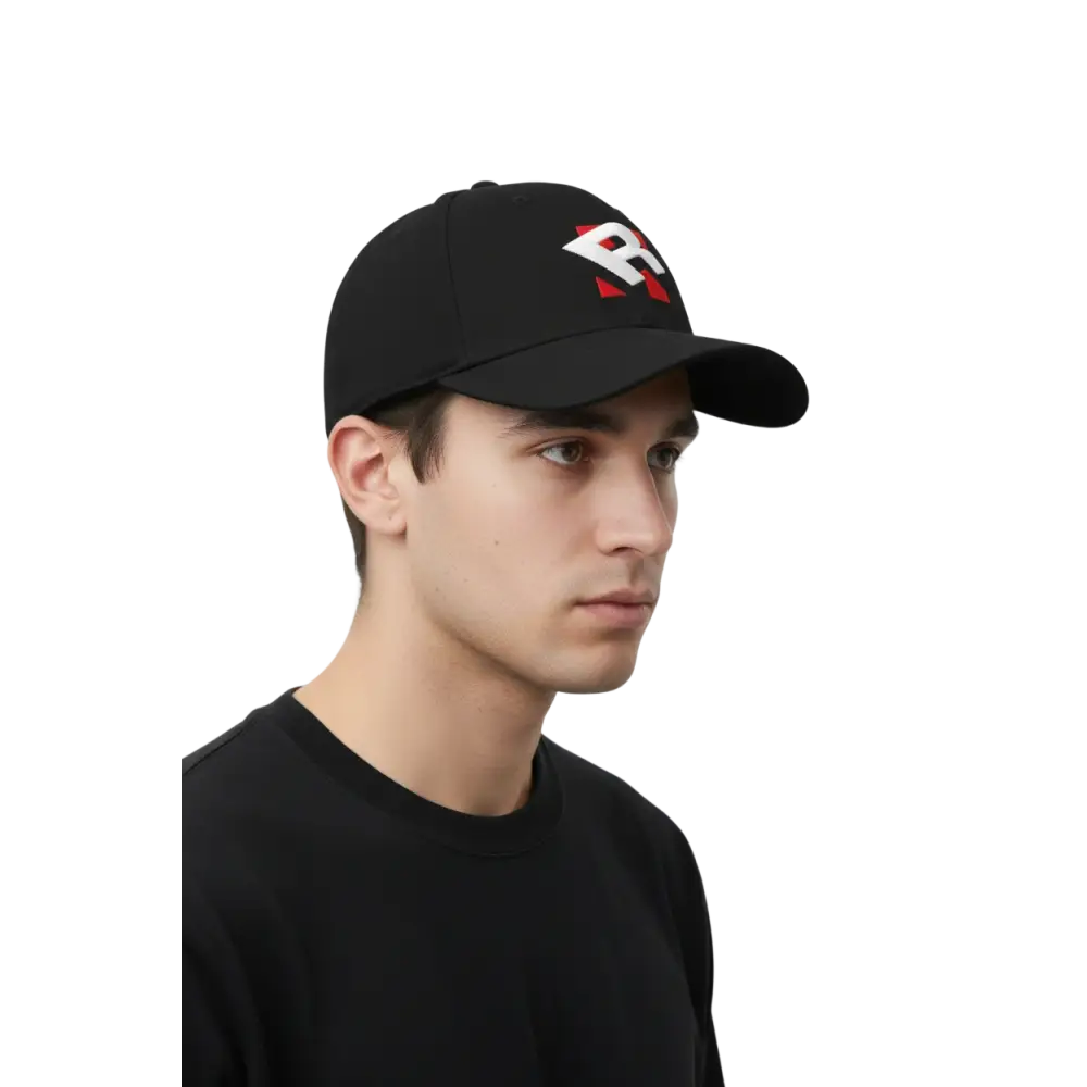 Redtorn R logo flexi fit baseball cap in black with bold red and white embroidery