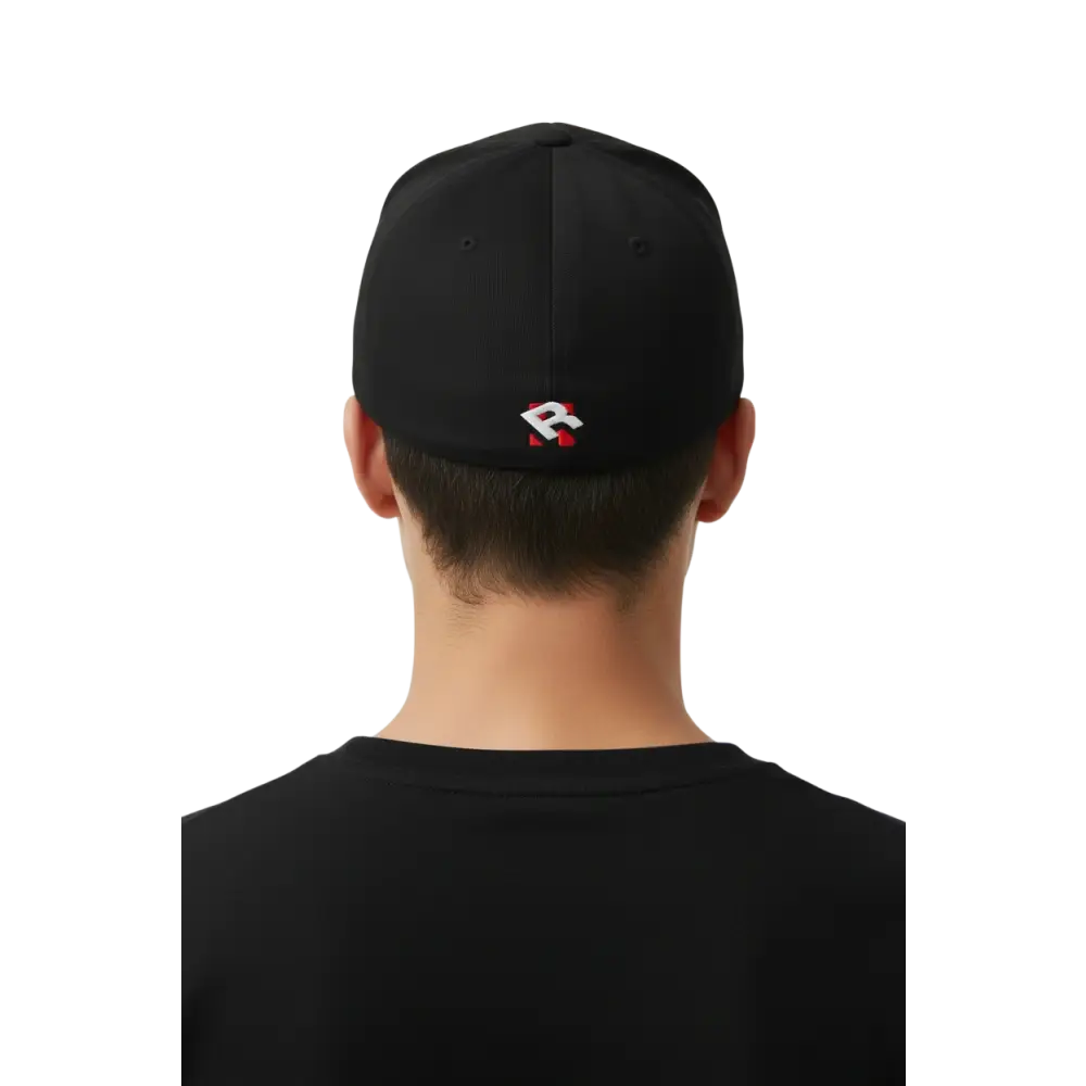 Redtorn R logo flexi fit baseball cap in black with red white embroidery