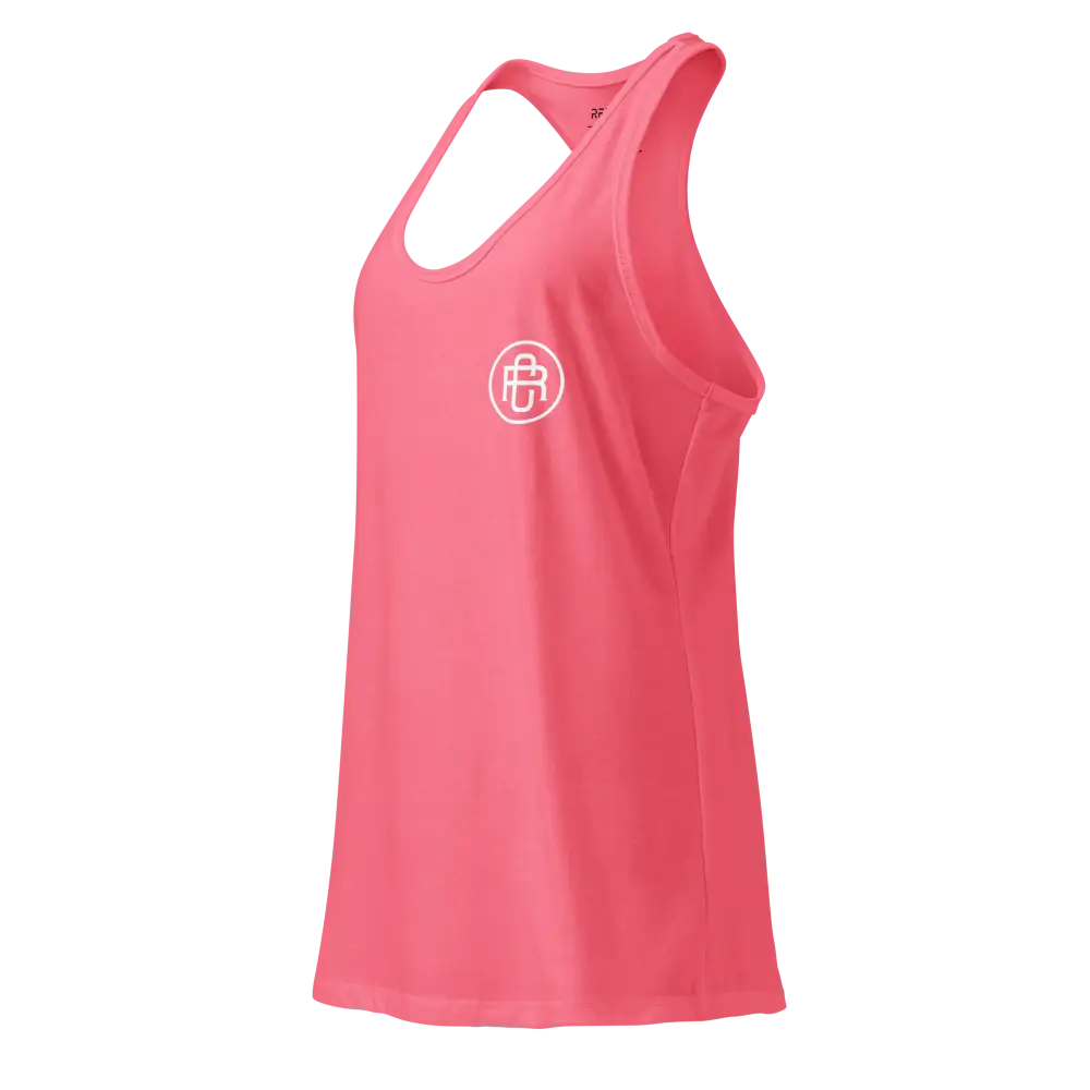Coral pink sleek racerback tank with white logo, Redtorn womens apparel