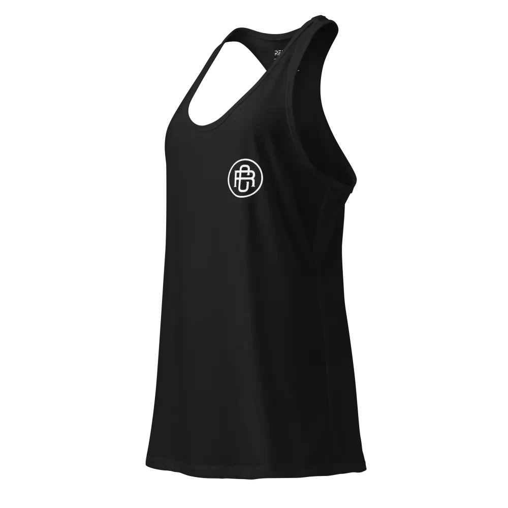 Sleek racerback tank in black ribbed material with white logo, womens apparel by Redtorn