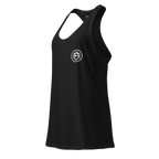 Sleek racerback tank in black ribbed material with white logo, womens apparel by Redtorn