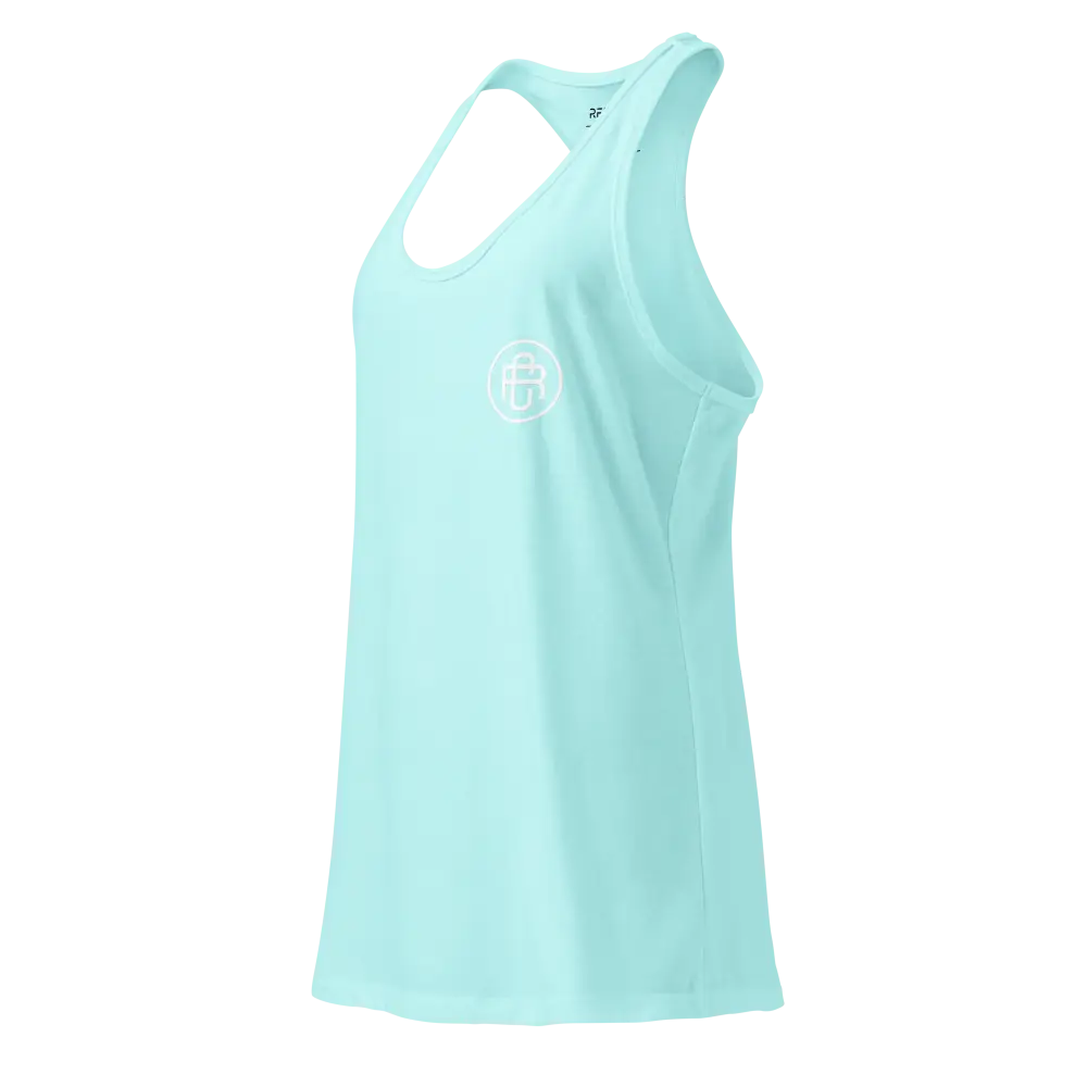Redtorn sleek racerback tank: light blue with white logo and mesh back, women’s apparel