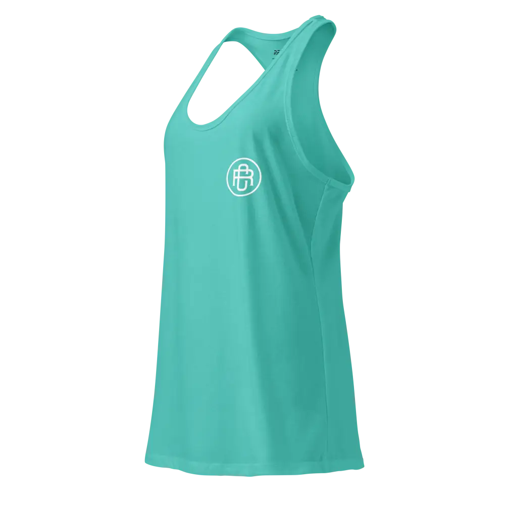 Turquoise sleek racerback tank with white logo from Redtorn womens apparel