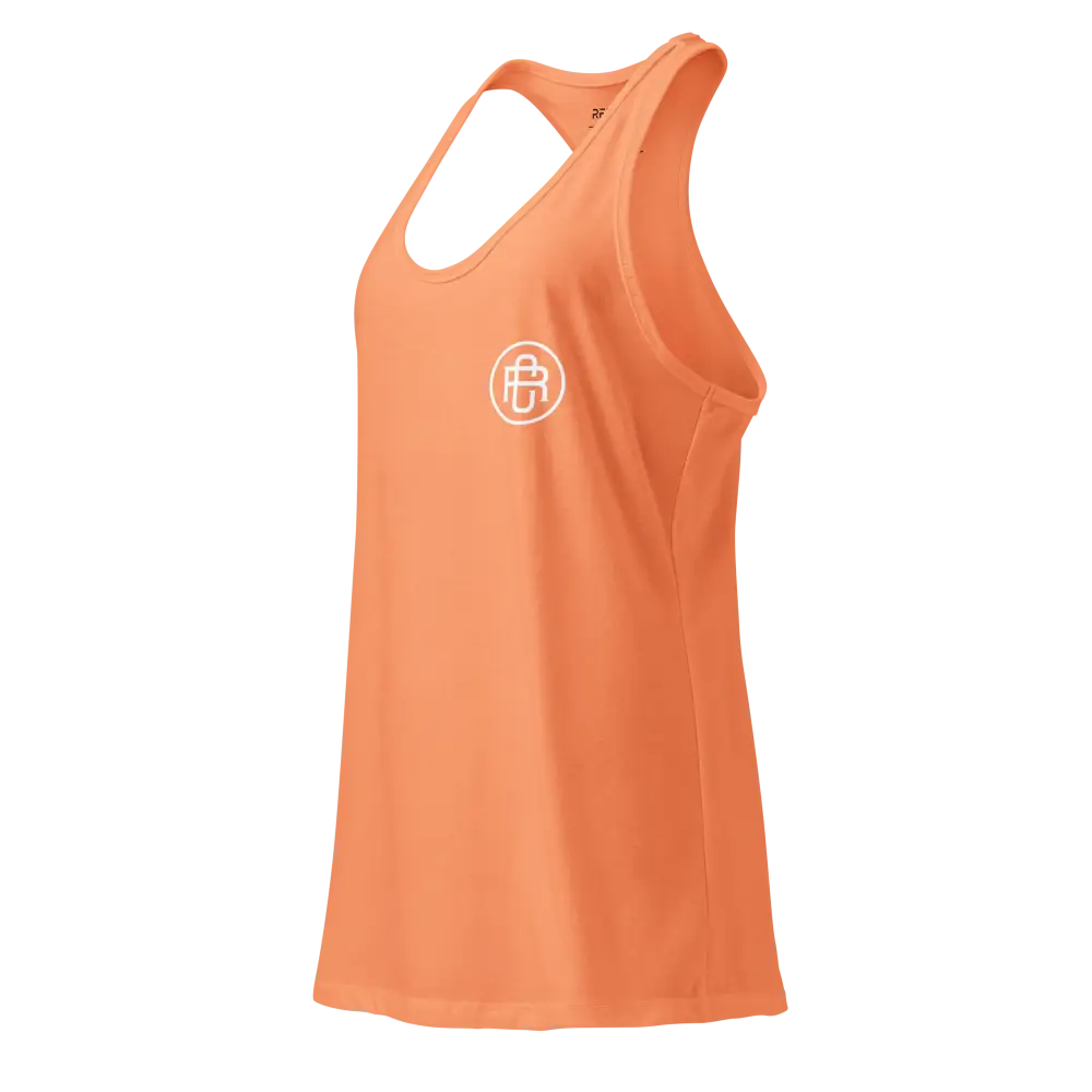 Sleek racerback tank in orange with white logo, women’s apparel by Redtorn