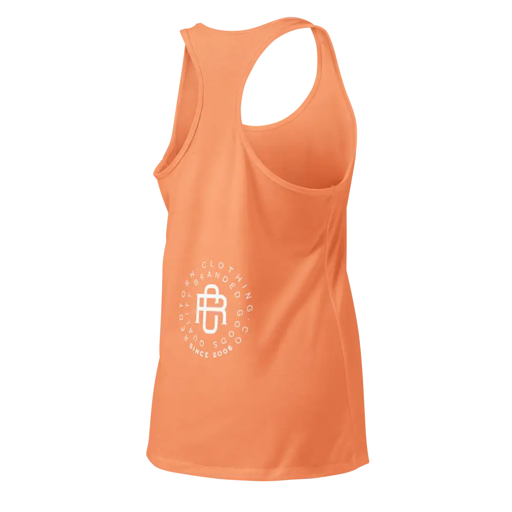 Sleek racerback tank in orange with white logo, Redtorn womens apparel