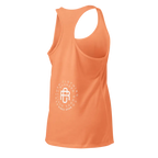 Sleek racerback tank in orange with white logo, Redtorn womens apparel