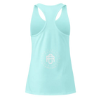Sleek racerback tank in light blue with white bag logo, women’s apparel by Redtorn