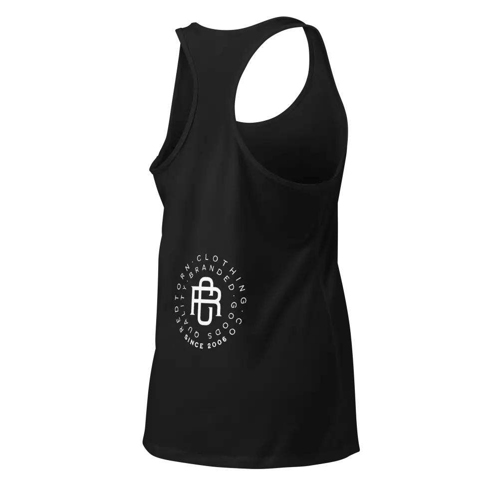 Sleek racerback tank in black with white logo, Redtorn womens apparel