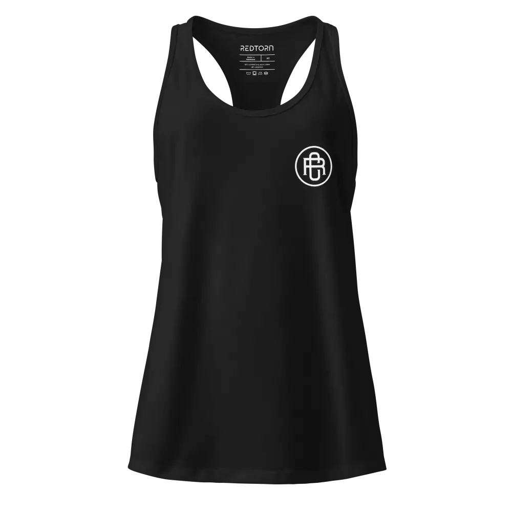 Sleek racerback tank in black with white logo from Redtorn Australian clothing brand