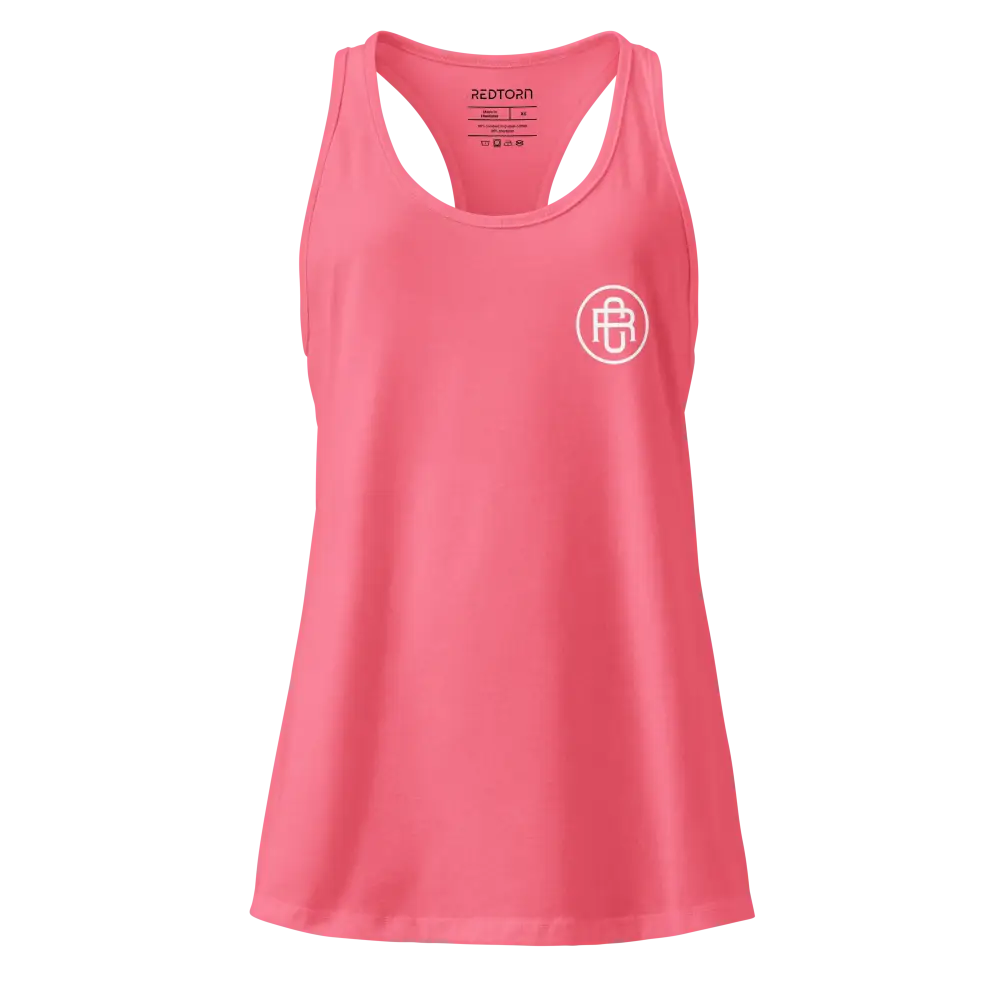 Redtorn sleek racerback tank in coral with white logo, women’s apparel