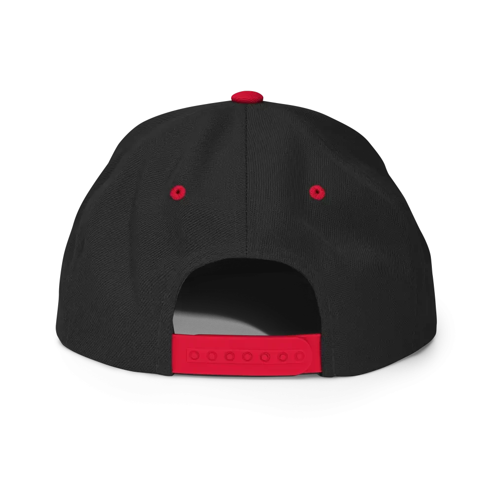 RC Circle logo snapback cap in black and red with adjustable mesh strap
