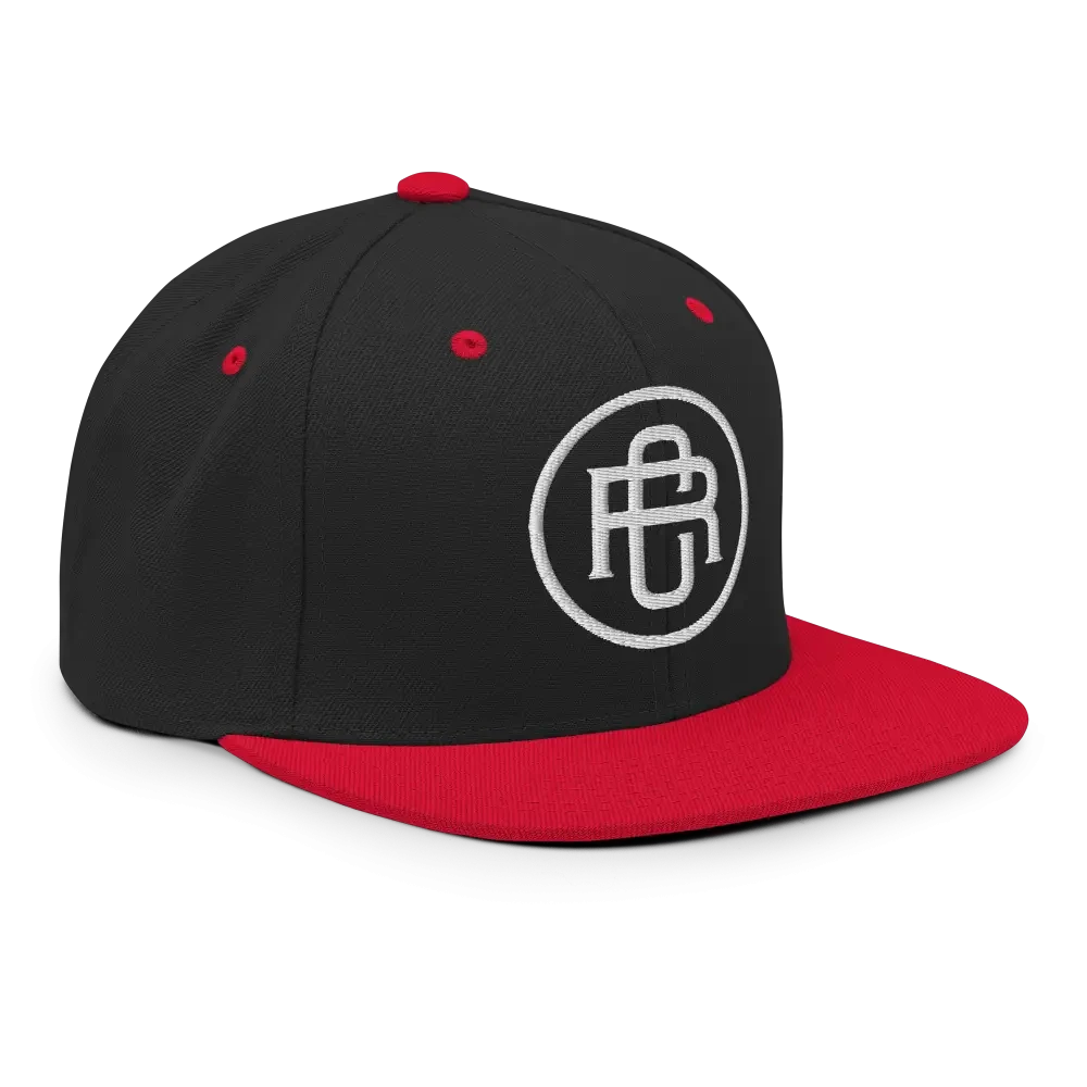 Black and red RC Circle logo snapback cap with flat bill