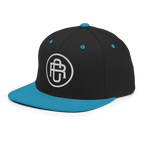 Black and teal flat bill snapback cap with white RC circle logo