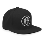 Black flat bill snapback cap with white RC circle logo