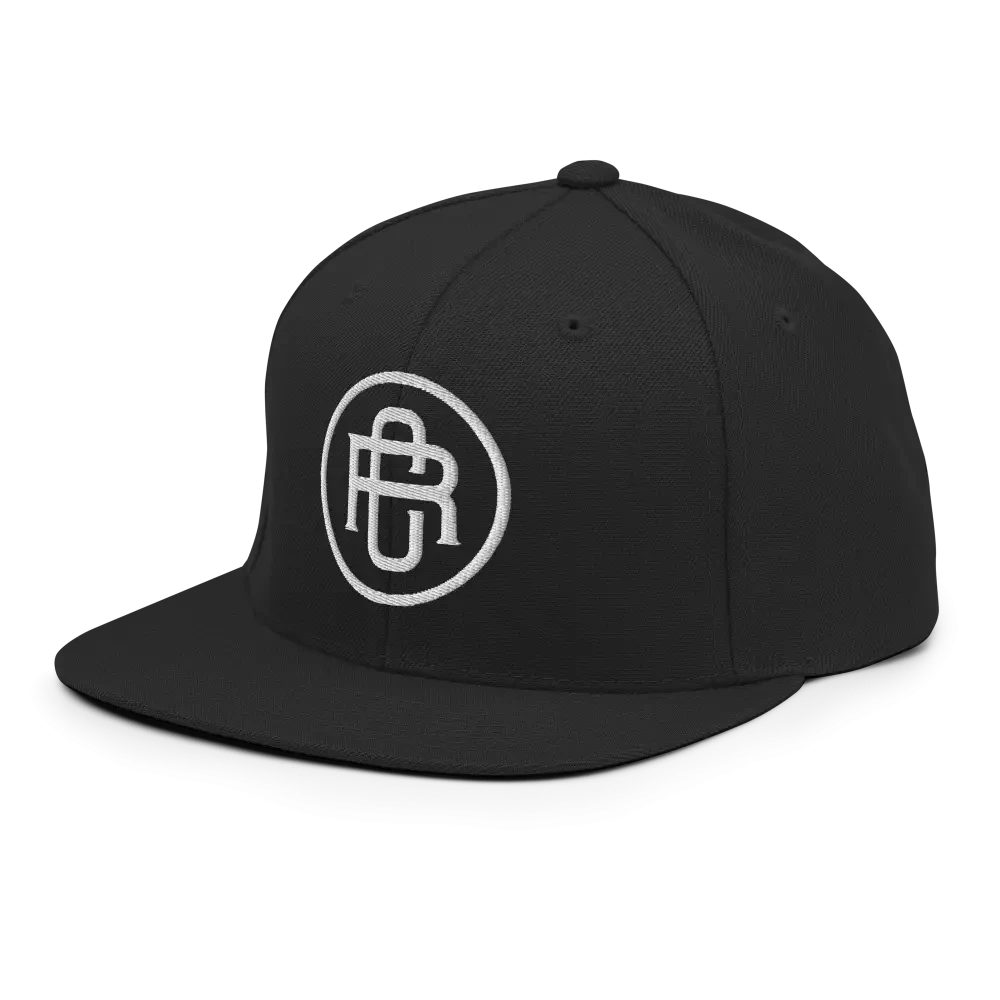 Black RC Circle Logo Snapback Cap with Flat Bill and White Logo