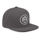 Charcoal gray flat bill snapback cap with white RC Circle logo