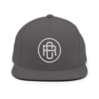Gray flat bill snapback cap with white RC circle logo