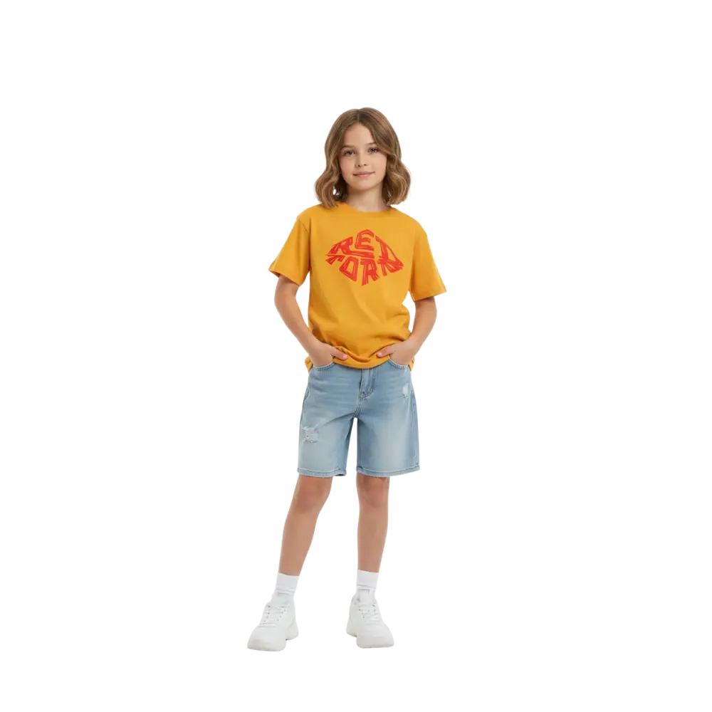 Redtorn red diamond logo kids unisex tee with yellow t-shirt and red worl print
