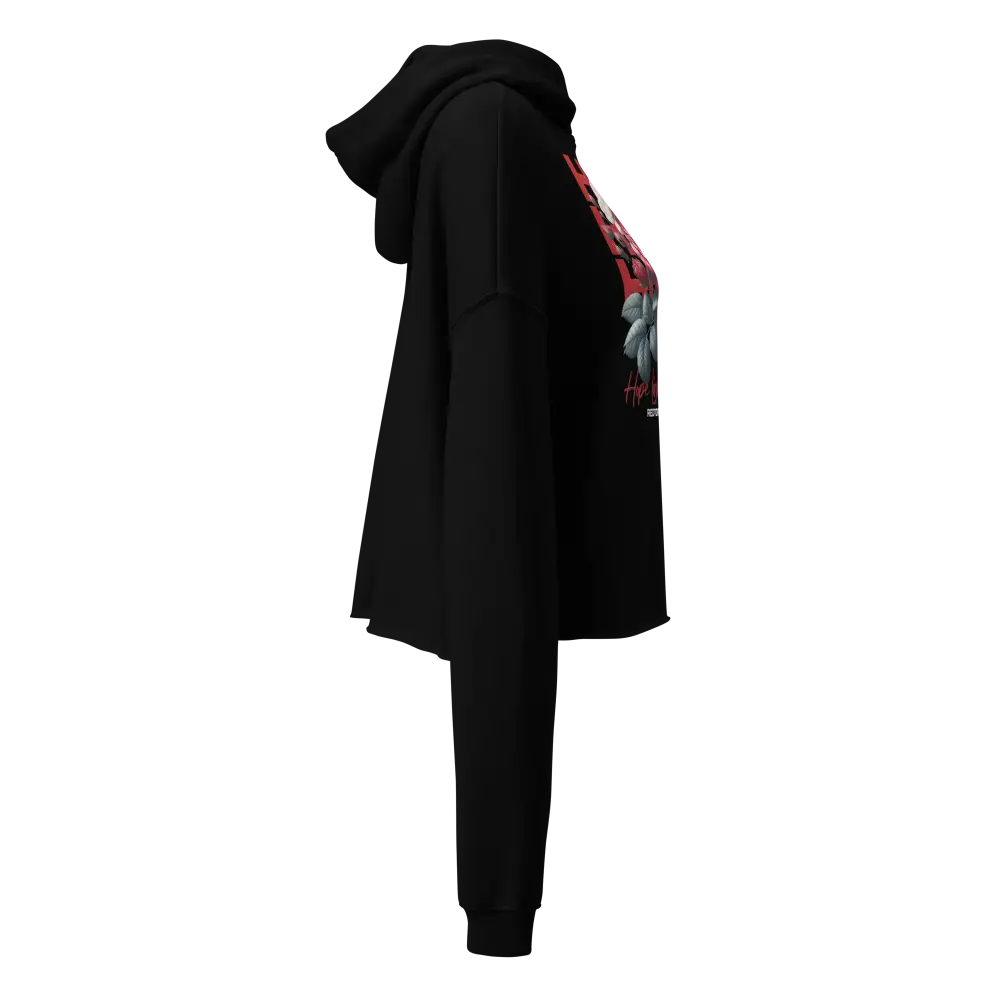 Black Eternal Hope Floral rose crop hoodie with red graphic back