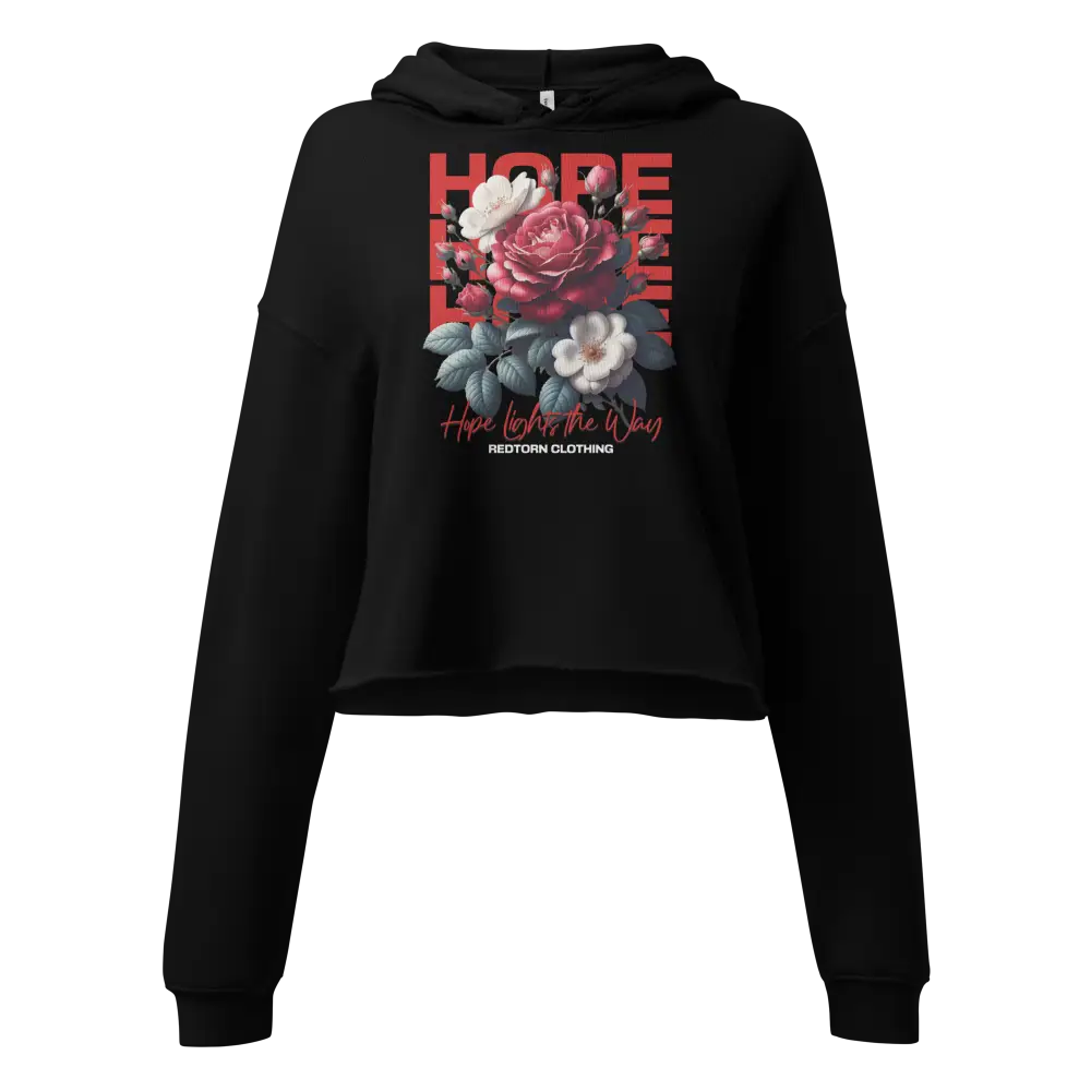 Eternal hope floral rose crop hoodie for women, black cropped design with red hope text