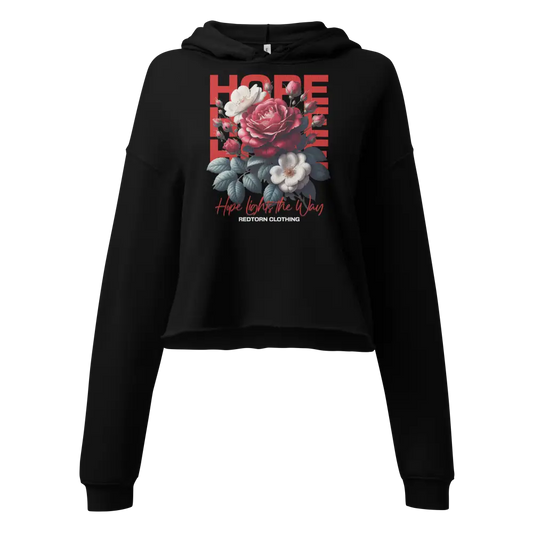 Hope Rose Crop Hoodie: black cropped hoodie with floral design and red hope text
