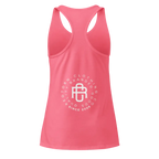 Coral pink womens racerback tank with white signature logo