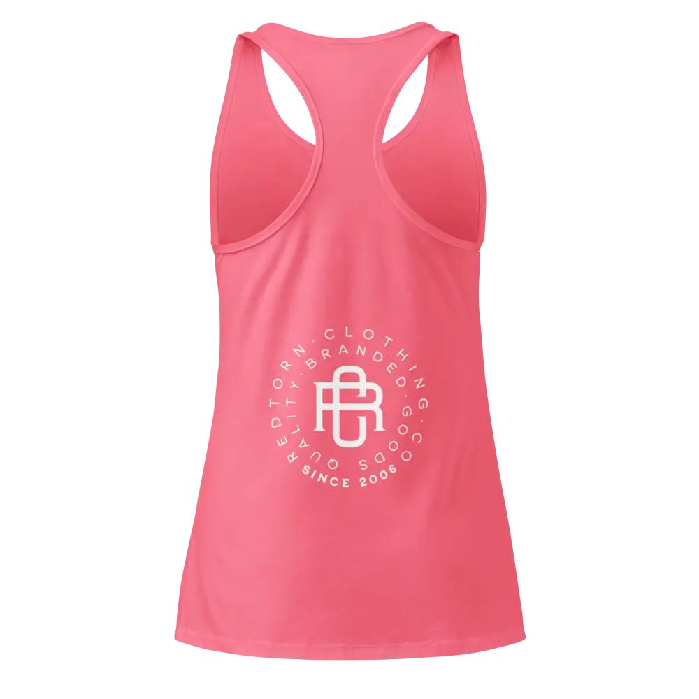 Coral pink womens racerback tank with white signature logo