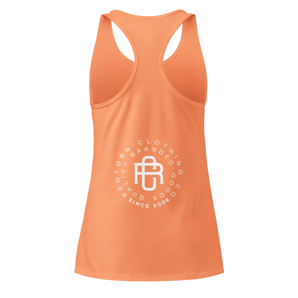 Redtorn signature logo womens racerback tank with orange top and 1980 text